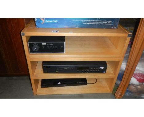 A 3 shelf storage unit with Naim Audio amplifier, Arcam CX Alpha Rise CD player and a Technika DVD player