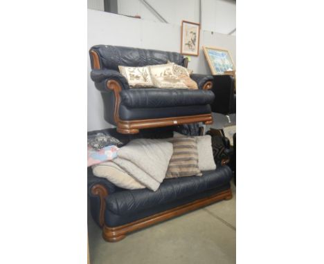 A blue 3 seater & 2 seater leather sofa