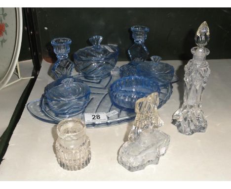 A blue glass trinket set & 2 scent bottles etc.