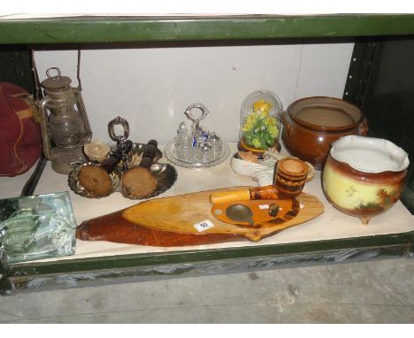 A shelf of miscellaneous wood, metalware & ceramics etc. Some A/F