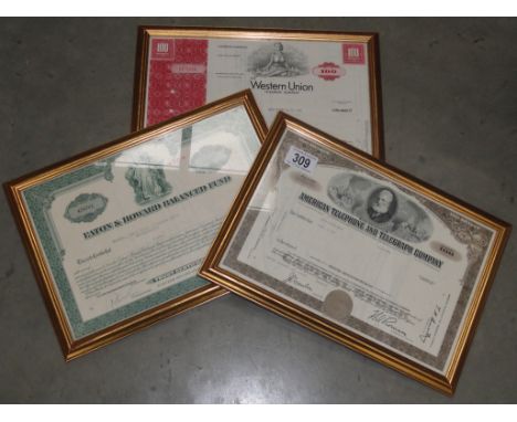 3 framed and glazed share certificates