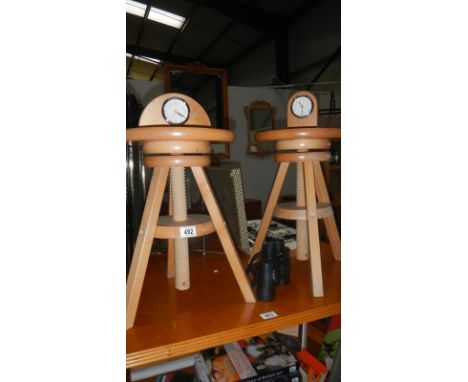 2 screw adjustable tripod stools, 2 mantle clocks & binoculars