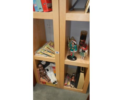A collection of vintage toys including a boxed Vulcan Countess sewing machine, a child's petite typewriter, dolls & Rupert bo