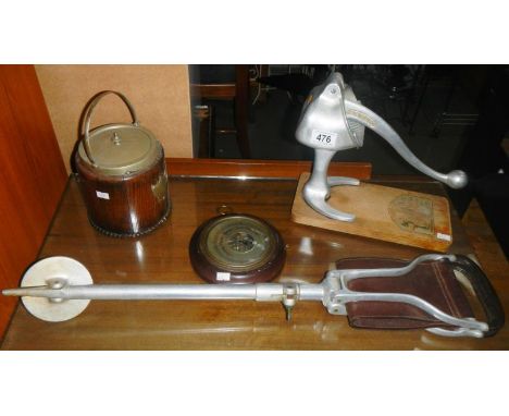 A shooting stick, barometer, biscuit barrel & a juicer