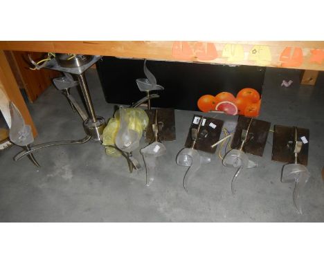 4 brushed stainless steel wall lights and a 4 branch matching ceiling light
