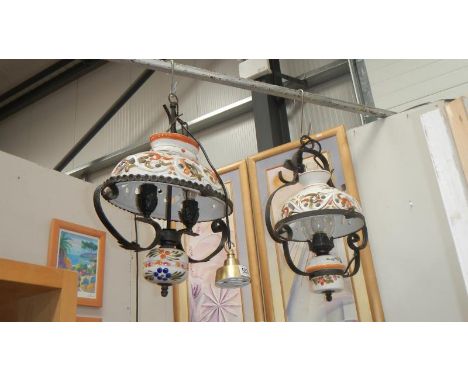 A matching single & double ceramic & wrought iron hanging lamps