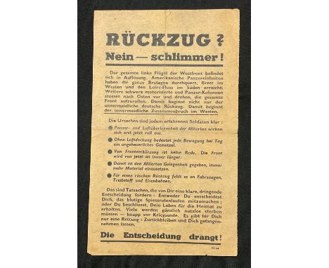 WW2 British Surrender Leaflet "Retreat? No Worse!" / Ruckzug? Nein - schlimmer!" dropped on German Lines in Normandy 1944. 