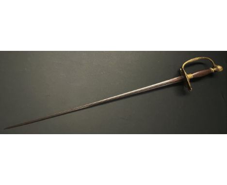 French Court Sword with triangular section blade 750mm in length. Maker marked. Brass guard with Crowned Fleur Des Lys decora