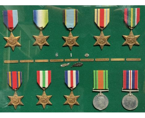 WW2 British Campaign Medals and Clasps collection. Mounted in a frame comprising of 1939-45 Star, Atlantic Star, Air Crew Eur