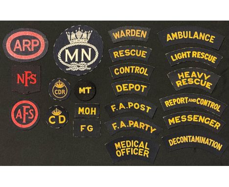 WW2 British ARP/Civil Defence and other screen printed insignia collection to include 13 CD shoulder titles, Control, Deconta