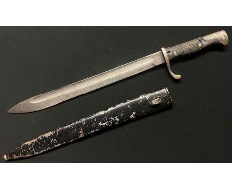 WW1 Imperial German Mauser Butcher Bayonet with single edged fullered blade 365mm in length, dated 1916 to spine of blade. Wo