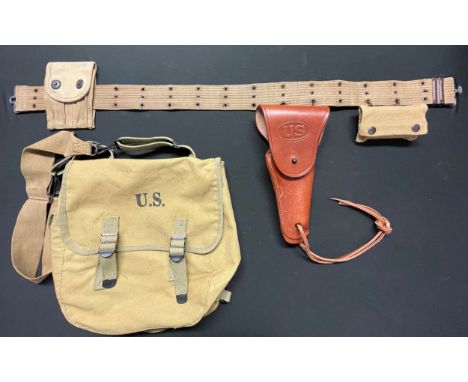 WW2 US Army M1936 Pistol Belt complete with original M1911 Ammo pouch, reproduction Brown Leather .45 Auto Holster, reproduct