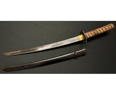 Japanese Wakizashi Sword with single edged blade 520mm in length. Hamon line to blade. Tang is unsigned but with two holes. B