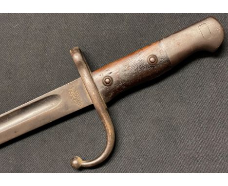 WW1 Ottoman Turkish Mauser Bayonet with single edged fullered blade 452mm in length. Hook quillion guard. Wooden grips. Worki