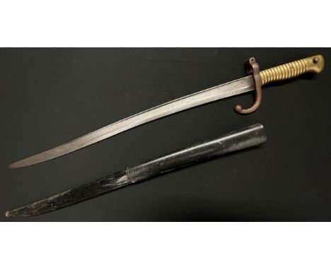 French 1866 Pattern Chassepot bayonet with single edged fullered blade 567mm in length. Maker marked and dated to spine of bl