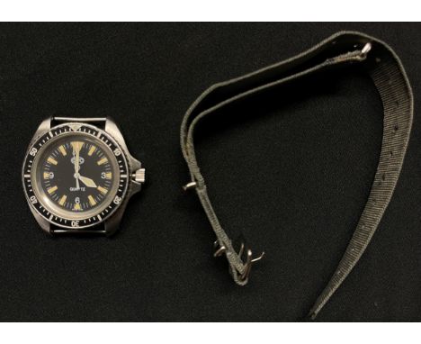 British Royal Navy Divers Quartz Wristwatch by CWC. Black dial with Arabic numerals, marked "Swiss Made". Case marked "0555/6