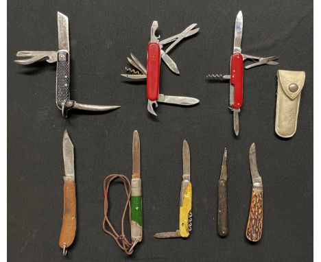 A collection of Penknives to include a 1950 dated British Army Jack Knife by HM Slater, Swiss Army Knife with 9 tools, Gerlac