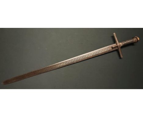 Sudanese Kaskara Sword with double edged triple fullered blade, marked with double half moon marks, 860mm in length. Large cr