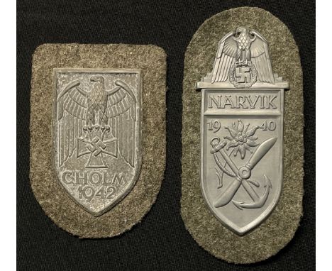 Reproduction Narvikschild - Narvik Shield on Army Backing and reproduction Cholmschild - Cholm Shield on Army Backing. (2) 