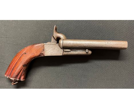 Scottish side by side pin fire pistol with 138mm long barrels, smooth bore approx. 15mm, overall length 275mm. Folding trigge