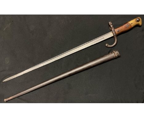 French Gras bayonet with single edged blade 520mm in length, maker marked and dated to spine of blade "L Deny, Paris, 1878". 