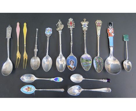 A Selection of Silver Collectors Spoons, some enamelled, two with hardstone mounts, sterling and other grades, 180g gross 