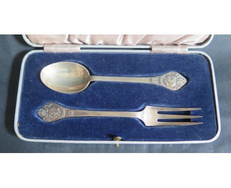 A George V Silver Jubilee Silver Cased Fork and Spoon, Sheffield 1934, Thomas Bradbury &amp; Sons Ltd., 48g 