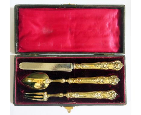 A Cased Dutch Silver Gilt Knife, Spoon and Fork Set 
