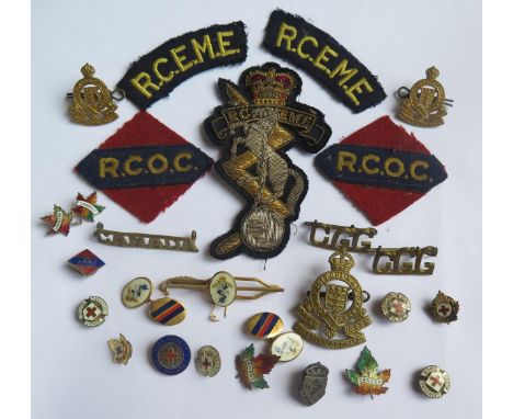 R.C.E.M.E and R.C.O.C. Cloth Badges, Royal Canadian Ordnance Corps Cap Badge and two smaller, pair of R.E.M.E. enamel cufflin