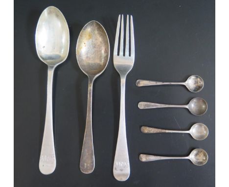 A George V Silver Christening Spoon and Fork (Sheffield 1919, CB&amp;S), silver teaspoon and four silver salt spoons, 99g 