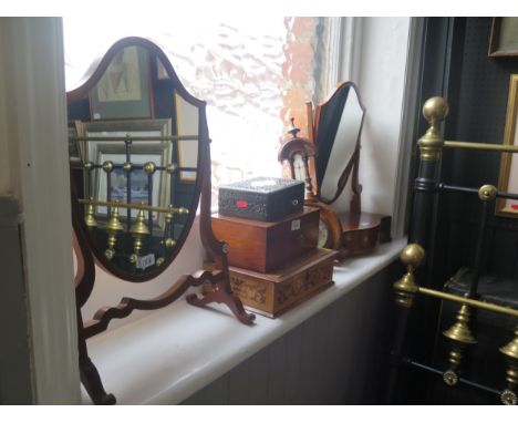 Two Swivel Toilet Mirrors (tallest 50cm), banjo barometer, La Corona marquetry cigar box and two others 