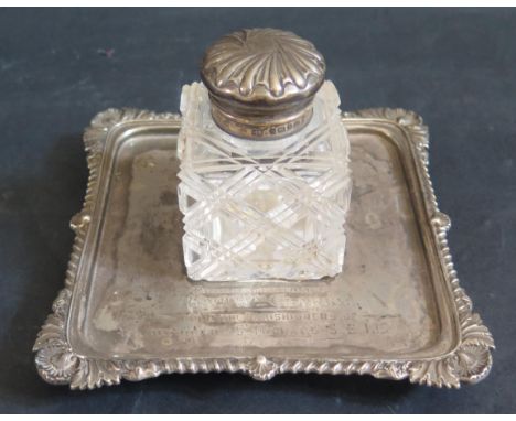A Victorian Silver Mounted Cut Glass Inkwell on Stand with period inscription, Sheffield 1894,  Atkin Bros., stand 172g 