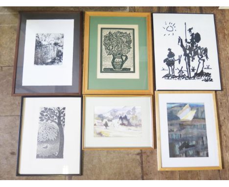 Four Prints by Various Artists, One Collage and a Watercolour 