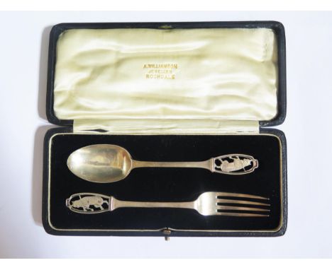 A George V Cased Silver Christening Spoon and Fork Set with 'Cat &amp; Fiddle' finials, London 1926, Josiah Williams &amp; Co