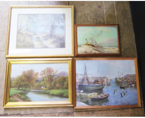A River scene with cows grazing on the banks, Oil on Board, 46 x 30cm, Two Vernon Ward Coastal Framed Prints, David Didwall '