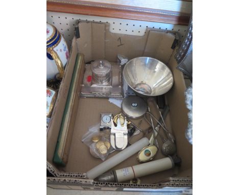 A Selection of Silver Plate including an inkwell, compact, two miniature clocks etc.