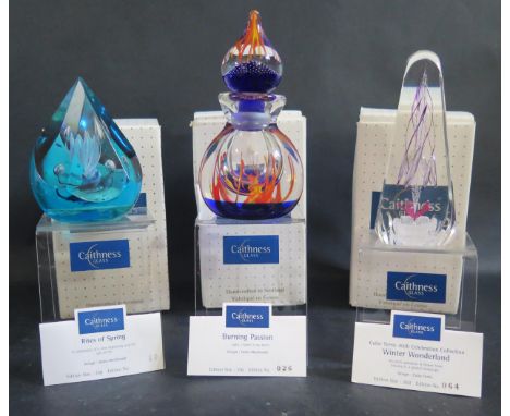 Three Caithness Glass Paperweights _ Rites of Spring 10/250, Winter Wonderland 064/350 and Burning Passion 26.350, all boxed 