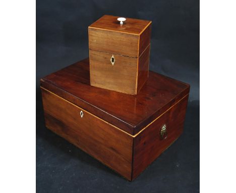 An Early 19th Century Mahogany Tea Caddy with ivory finial (15cm high) and larger box 