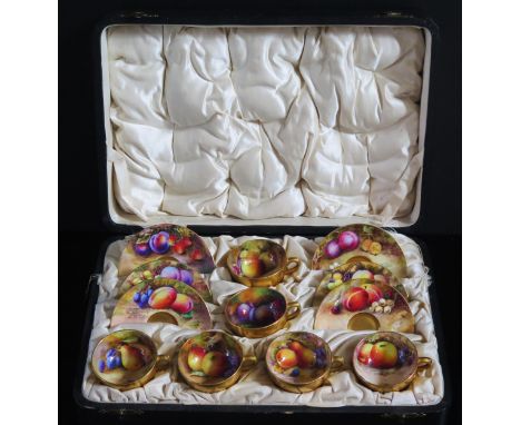 A Cased Set of Six Royal Worcester Fruit Decorated Cups and Saucers, 1923, signed Townsend, Powell, Hale, Ricketts, Everett a
