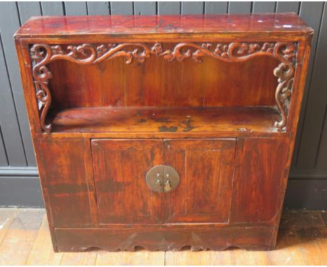 A Chinese Cabinet with shelf over and carved and pierced foliate decoration, 75(w)x75(h)x18(d)cm 