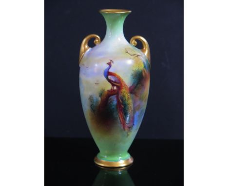 A Small Royal Worcester Two Handled Vase decorated with a pheasant in fir tree, signed Bray, 11.5cm 