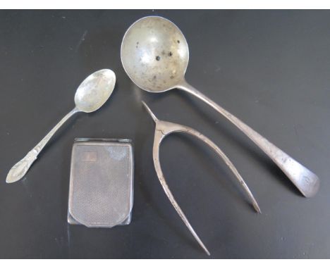 A George III Silver Sauce Ladle (London 1785, RC, 17.5cm), pair of spring loaded silver wishbone sugar tongs, vesta sleeve an