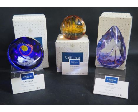 Three Caithness Glass Paperweights _ Solar Wind 113/350, Banshee 047/350 and Hallucination 163/350, all boxed with COAs 