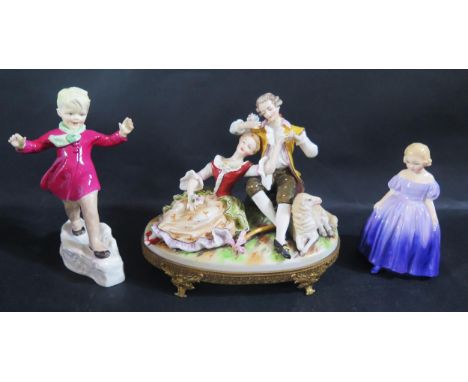 A Royal Doulton 'Marie' Figurine (HN1370) and Royal Worcester 'January' figurine (3452) and damaged German porcelain figural 