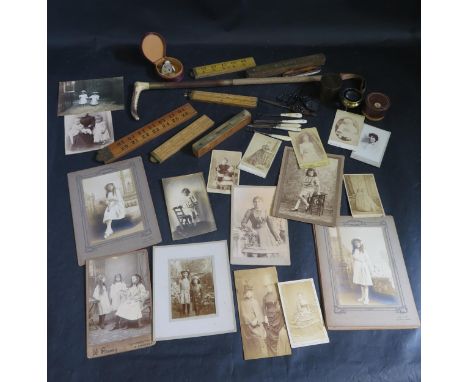 A Selection of Photographs including Carte de Visite, various rulers, box of studs, manicure tools, magnifying glass, etc.