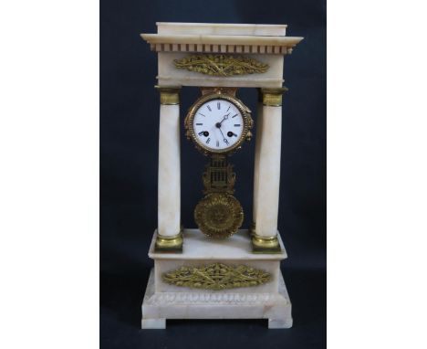 A 19th Century French Empire Alabaster and Ormolu Mantle Clock by Le Roy et fils, the pendulum with acanthus leaf and swan ne