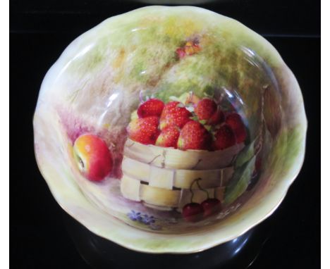 A Royal Worcester Strawberry, Apple, Cherry and Plum Decorated Bowl, signed Ricketts, 1929, 18cm diam. 