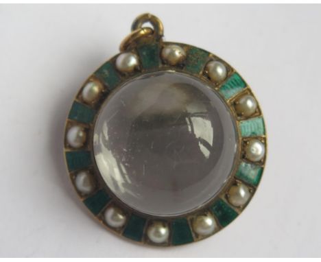 A Victorian Pearl, Enamel and Crystal Brooch / Pendant, 26mm diam. 
