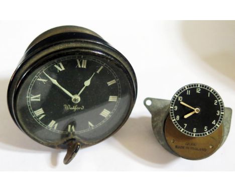 A 1930's Manual Wind Watford Car Clock (9cm diam., needs attention) and Smiths electric car clock (34mm diam.) 
