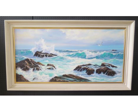 Peter Cosslett, Devon Artist, b.1927, Seascape, Oil on Canvas, Signed, 99 x 49 cm, Framed, Purchased at Academy Arts Spring E